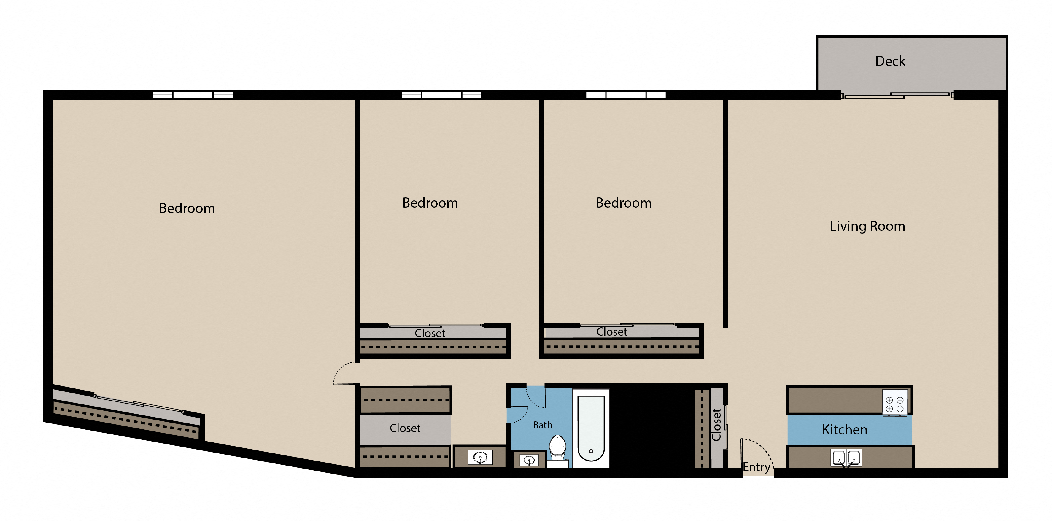 Floor plan for 3 beds, 1 bath, 1250 sqft